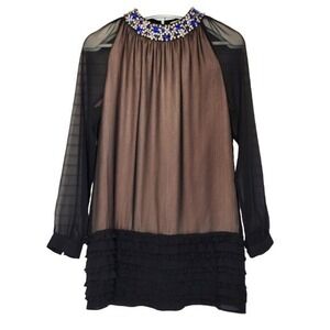 STELLA MCCARTNEY Dress Silk Black Small Sheer Embellished High Neck Ruffle Skirt